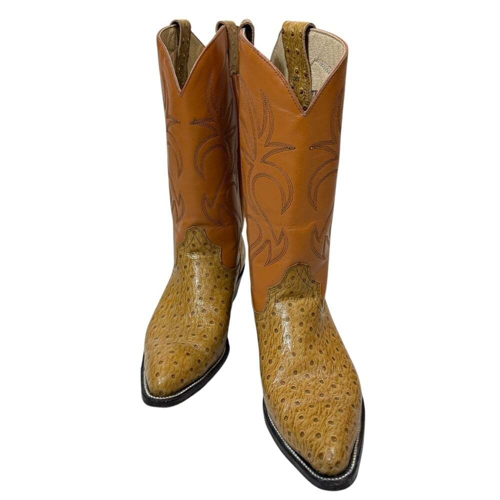 Justin Full Quill Ostrich Men's Tan Cowboy Boots Honey Leather Stitched 1.5in S